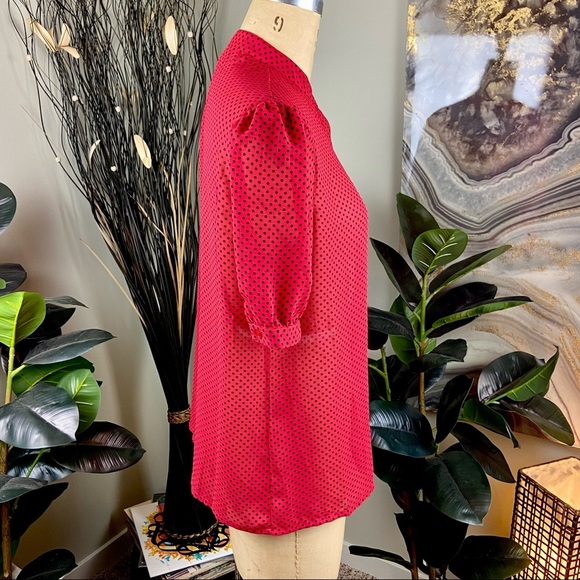 VINTAGE Givenchy Sheer Red Black Polka Dot Top Puff Sleeve Shoulder Blouse Shirt - Picture 5 of 9